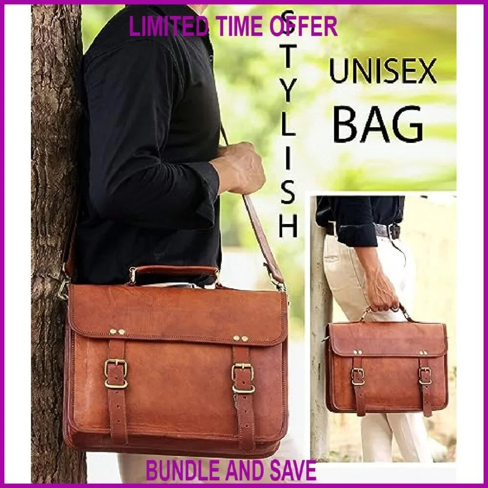 14 Inch Genuine Leather Messenger Bag Laptop Briefcase Adjustable Strap